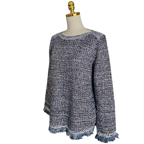 Ann Taylor Women Sequin Fringe Navy & White Metallic Chunky Knit Sweater Size XL - Picture 6 of 9